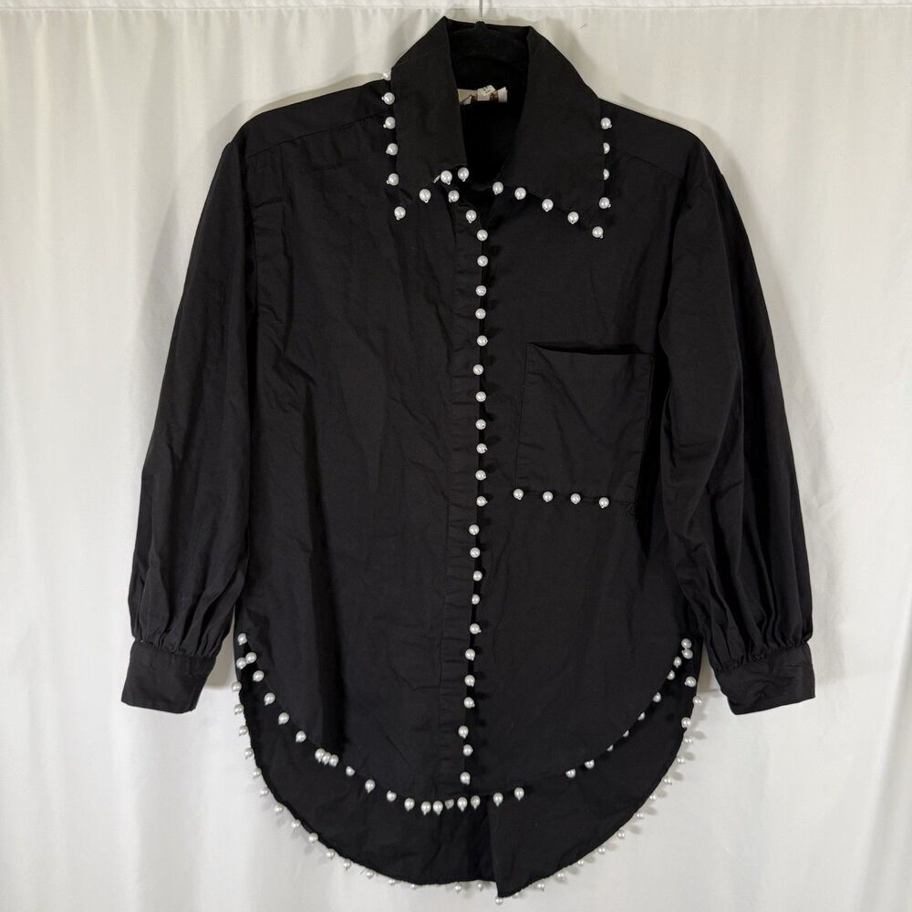 Me Me Me Anthropologie Blouse Women's XS Petite Black Button Up Long Sleeve